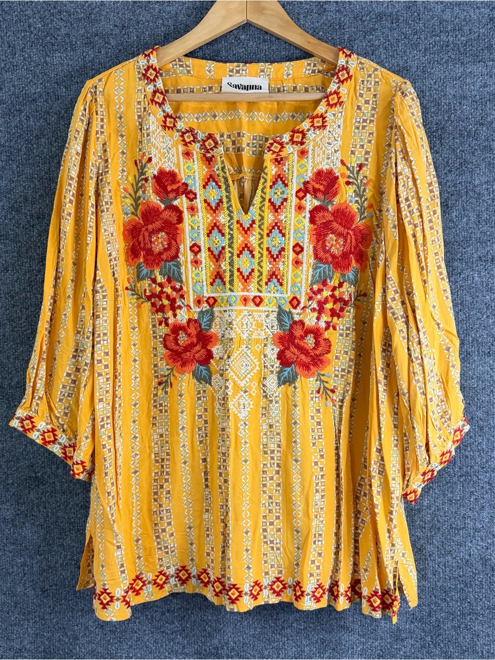 Savanna Jane Womens 2X Embroidered Boho Top 3/4 Sleeve V Neck Peasant Hippie